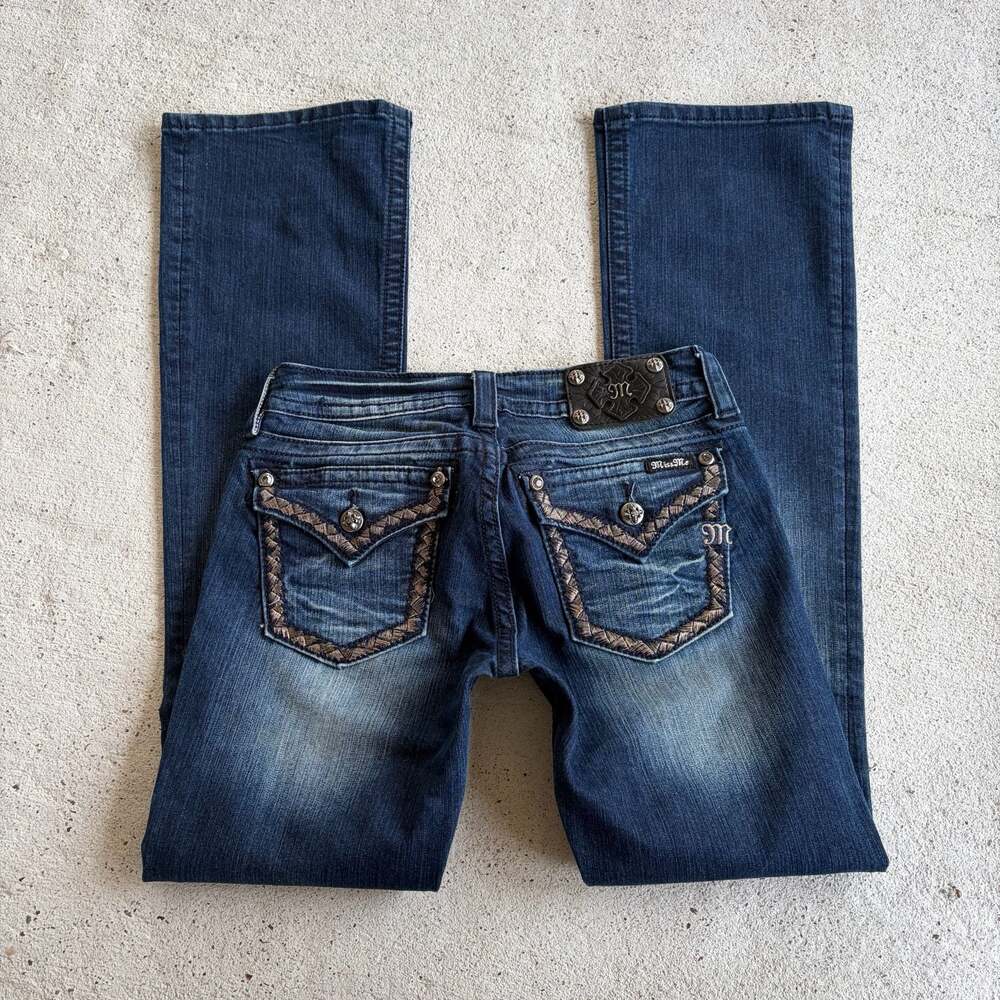 Miss Me Signature Rise Bootcut Dark Wash Embellished Flap Jeans Size 28